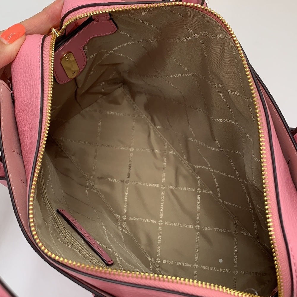 MICHAEL KORS Mercer Sm TZip Logo Leather Belted Satchel Crossbody Carnation - Picture 5 of 16